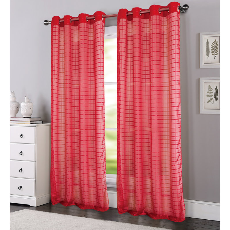 Jardine Plaid Stripe Sheer Window Curtain Panel, Red