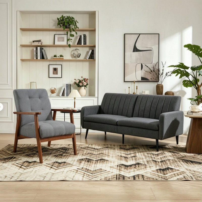 Modern Upholstered Living Room Set With Wooden Armrests & Convertible Backrest, 2 Pcs: Sofa, Chair, Light Grey/Dark Grey
