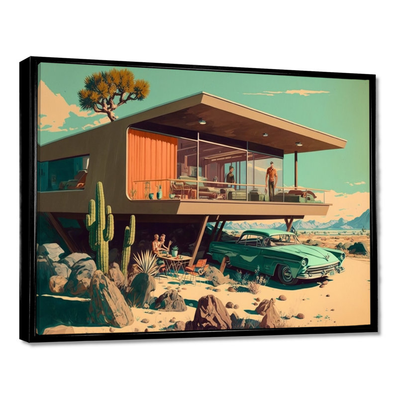 Green Car Mid Century Retro Architecture - Car Exotic Wall Art Decor, 12" H x 20" W x 1" D, Black Floater Framed Canvas