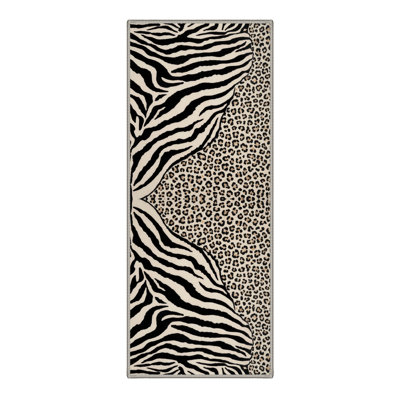 Abrahamson Zebra and Leopard Patchwork Animal Print Machine Washable Black / Beige Indoor Area Rug with Non-Slip Backing