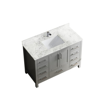 47" Bathroom Vanity Cabinet With Sink & Faucet, Gray, Multi-Functional Hidden Storage, Solid Wood Build, Ceramic, Modern Minimalist Style Faucet Hole,
