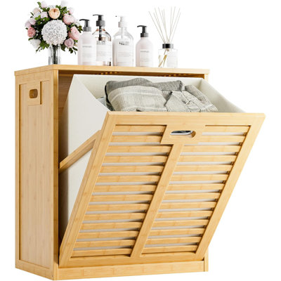 Panier à linge basculant, meuble de rangement en bambou avec panier amovible dissimulé, organisateur de vêtements autoportant pour chambre, salle de bain, salon