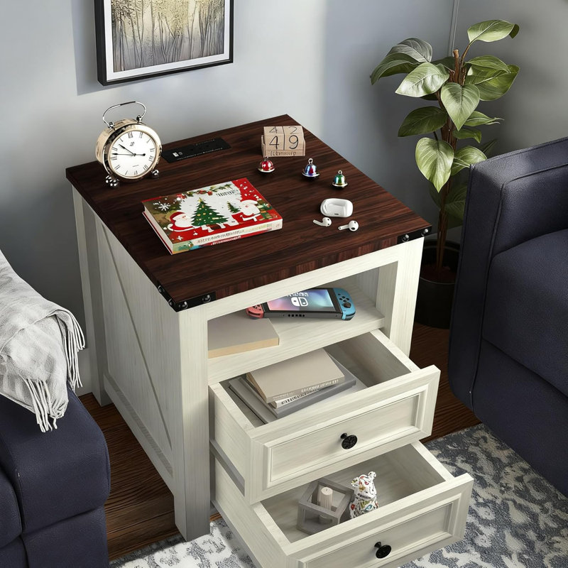 Table de chevet rustique de 18 pouces avec station de charge, 2 tiroirs de rangement et tablette ouverte, Ensemble de 2
