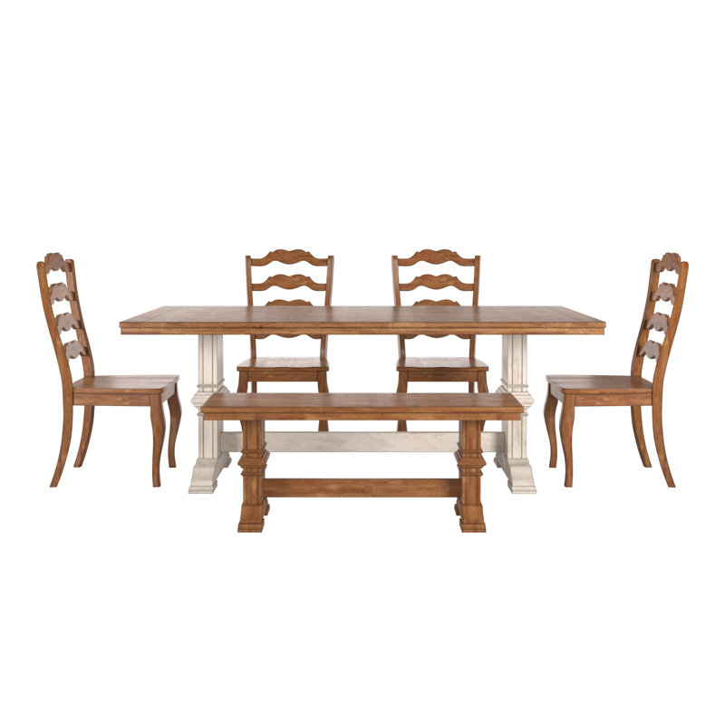 Fortville 78" Solid Wood Oak Finish Top 6-Piece Dining Set With French Ladder Back Chairs And Bench, Brown, White