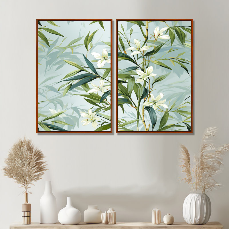 Bambou zen tropical - impressions sur toile vertes, 2 pièces, Brun, H 36 po x l 48 po, Impression encadrée flottante