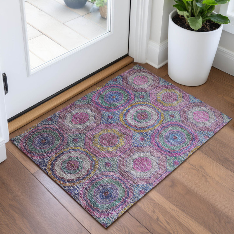 Machine Washable Indoor/Outdoor Xhevrie Pink Rug, Rectangle 1'8" x 2'6"