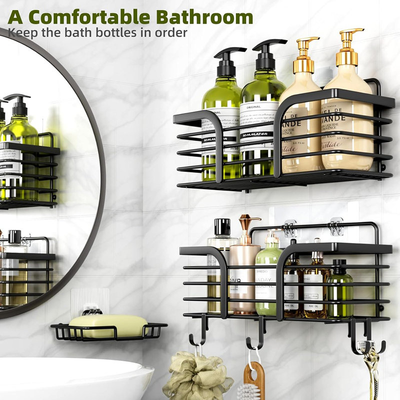 Serviteur de douche - Noir - Organisateur de douche mural antirouille avec porte-savon et crochets, rangement pour salle de bain et cuisine sans perceuse