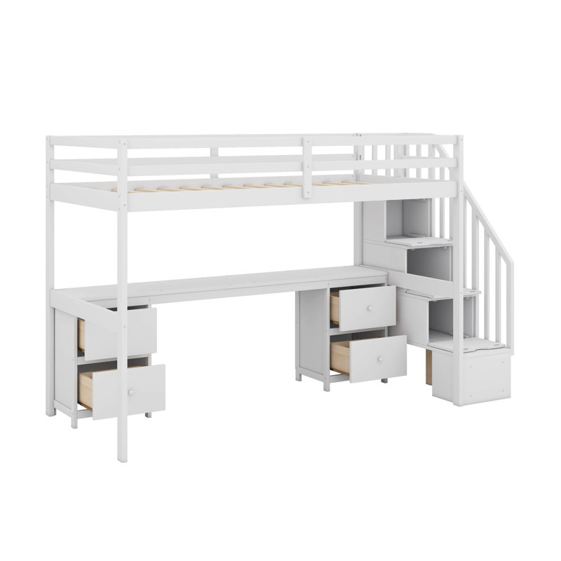 Lit mezzanine simple avec bureau et tiroirs, Blanc