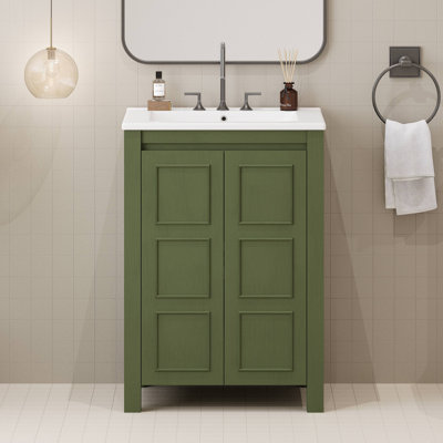 Petit meuble-lavabo de style vintage 24 po avec lavabo en céramique, 2 portes à fermeture douce, tablette réglable