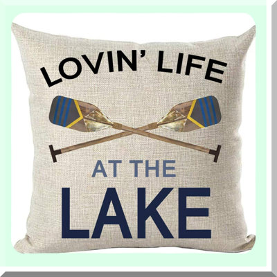 Lake Life Quote Decorative Pillow Cover - Blue Word Art Loving Life at The Lake Wooden Paddle Oar Summer Home Decor - Cotton Linen Square for Living Room, Bed, Sofa, Car