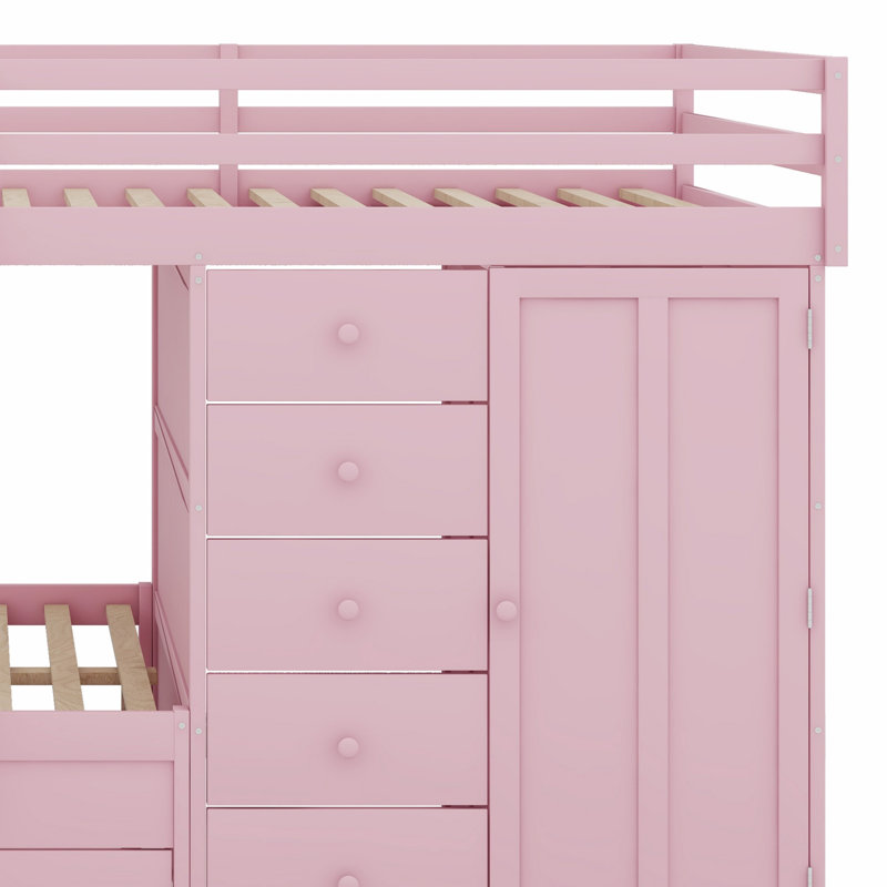 Wood Bunk Bed With Small Wardrobe And 2 Large 5 Small Storage Drawers, Sakura Pink