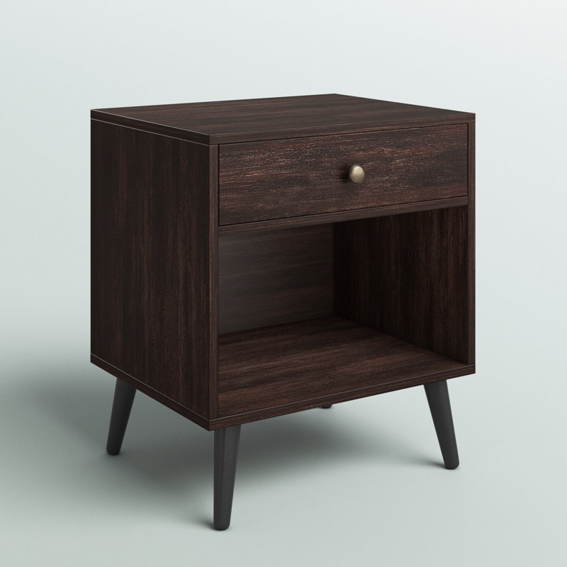 19.7" W Vansant 1 - Drawer Nightstand with Drawer and Open Compartment, Solid Wood Legs, Coffee Brown