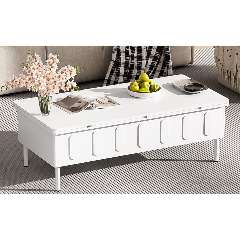Table basse à plateau relevable avec 2 tiroirs et compartiment caché, se plie en table de travail, se transforme en bureau de travail, tiroirs multi-fonctions modernes, pieds de rangement en métal