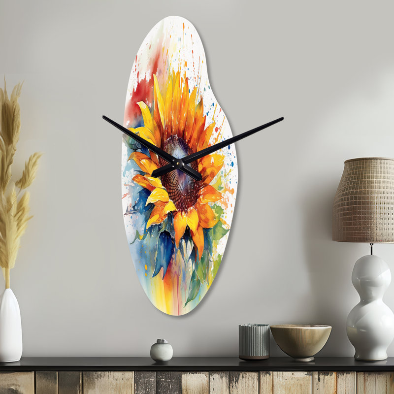 Jahzir jaune bleu doré tournesols I - horloge murale courbée florale en métal, horloge murale asymétrique traditionnelle