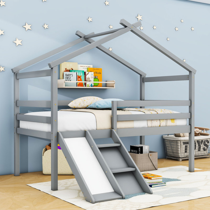 Lit mezzanine simple en bois avec glissoire et échelle, gris