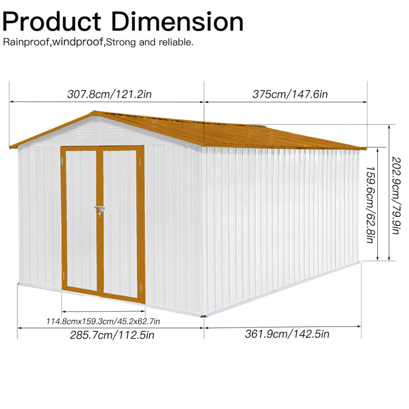 Metal Garden Sheds 10Ftx12ft Outdoor Storage Sheds White+Yellow, 79.9" H x 147.6" W x 121.2" D, White
