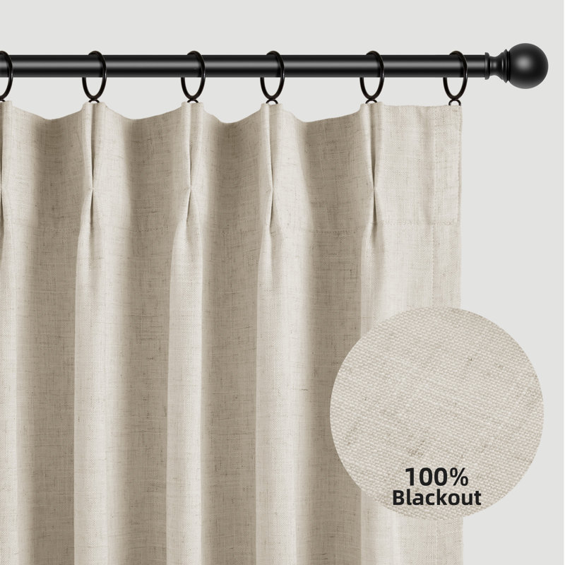 Pinch Pleated 100% Blackout Curtains Linen Blend Drapes with 20 Hooks Curtains for Living Room and Bedroom （Set of 2）