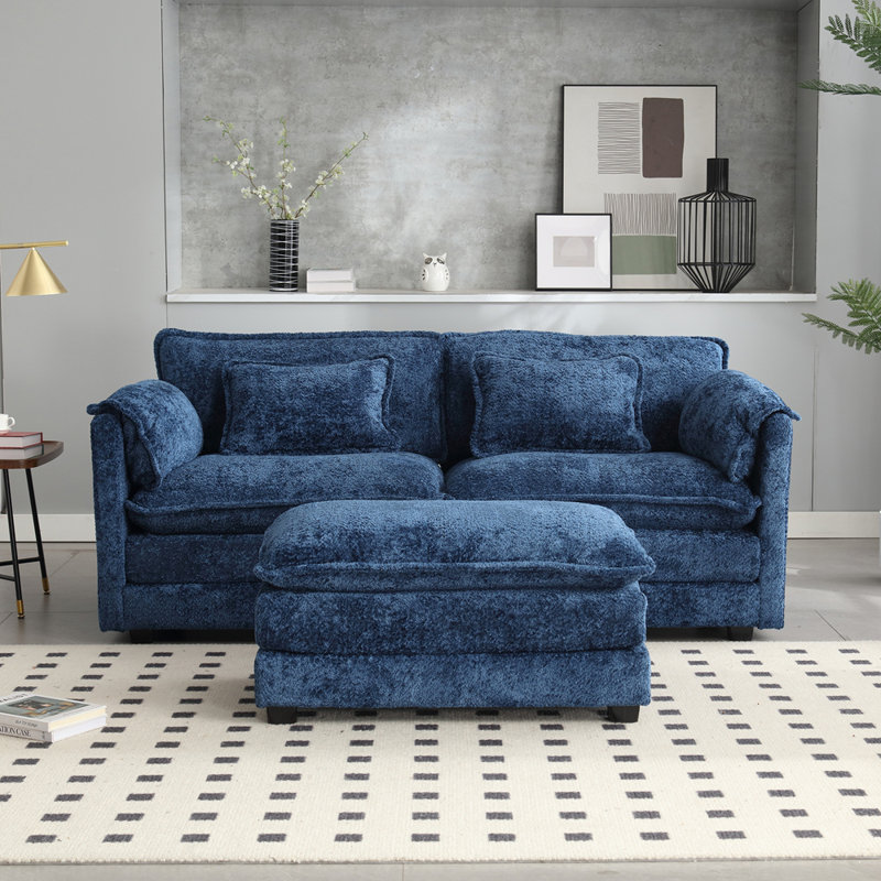 Tissu en chenille, accoudoirs amovibles avec poches latérales, rembourrage en éponge haute densité, canapé double surdimensionné avec repose-pieds