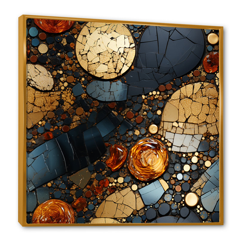 Carreaux de mosaïque dorés et noirs III - grand art mural abstrait, Cadre flottant doré, 36" H x 36" W