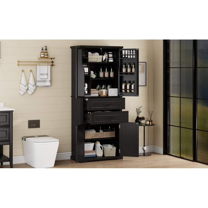 Armoire de rangement avec espace de rangement multifonctionnel pour cuisine / salle de bain / salle à manger / salon, 2 tiroirs avec glissières, tablette réglable, noir
