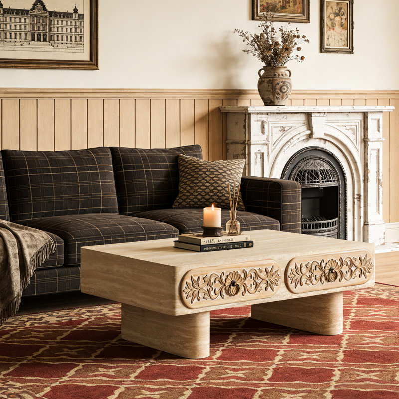 Table basse à bord arrondi avec tiroir en bois massif à motif de fleurs, convient aux petites pièces, finition aux tons chauds, table de tiroir de 39,4 po de longueur, esthétique contemporaine, l 23,6 po x l 13,8 po, espaces limités