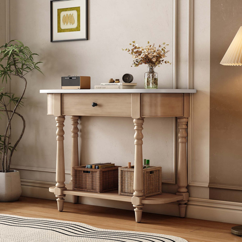 Retro Corner-curved Console Table, White/Beige