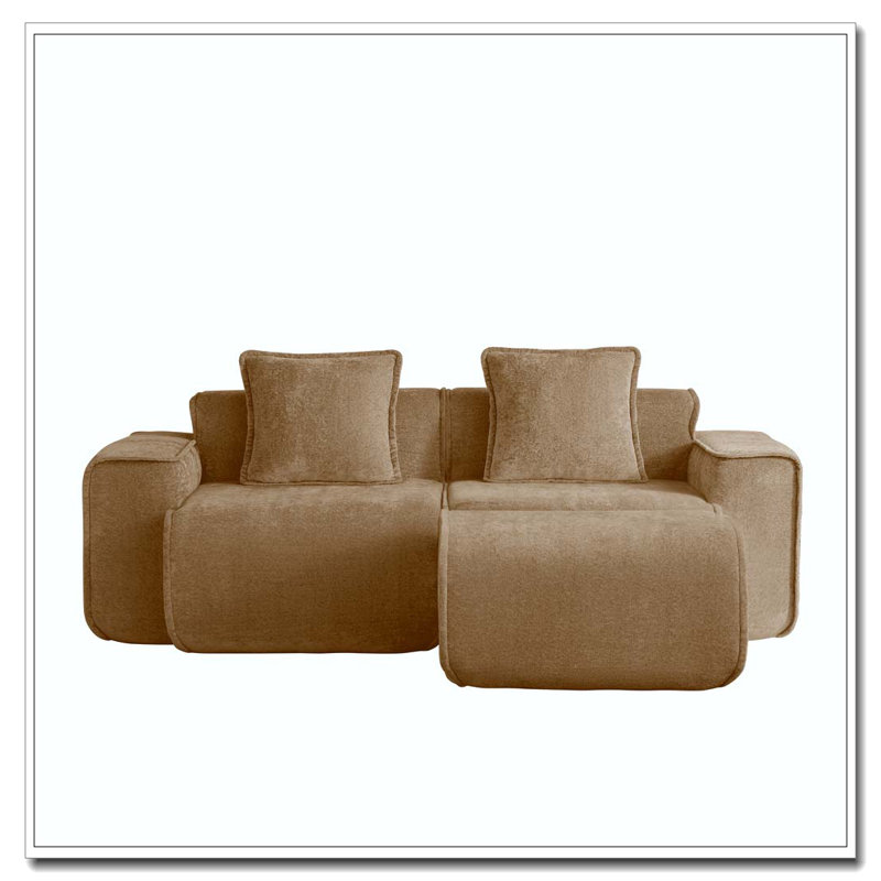 2 Seat L Shape Sectional Boneless Sofa with French Edge Piping, No Assembly Required, 2-Seat Sofa Couch with Throw Pillows and 1 Movable Ottoman
