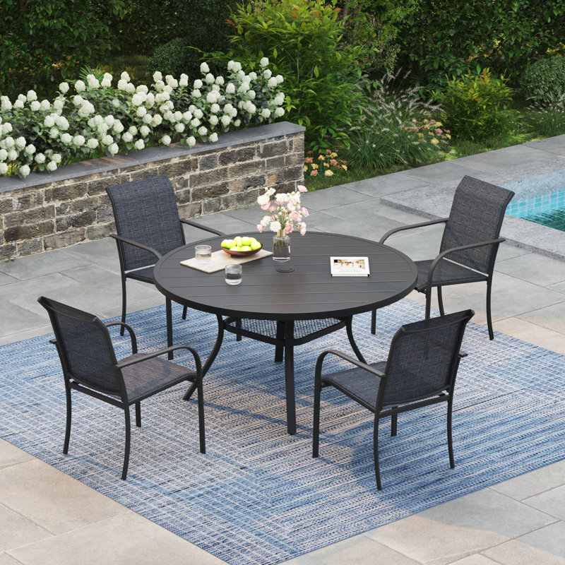 4-Person Square Patio Dining Set With Stackable PVC-coated polyester Chairs, Black/Black