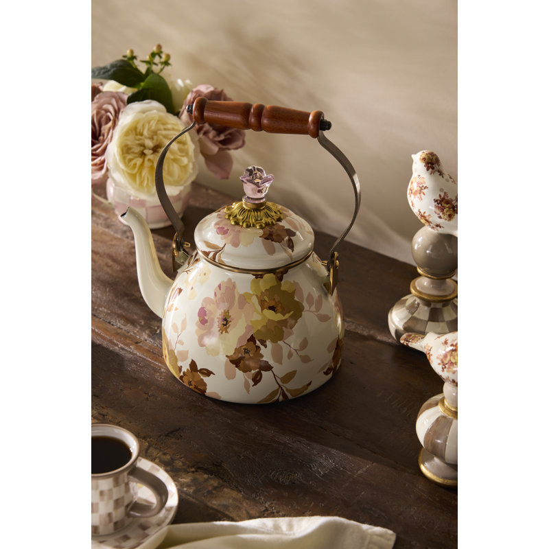 Wild Rose 2 Quart Tea Kettle, White