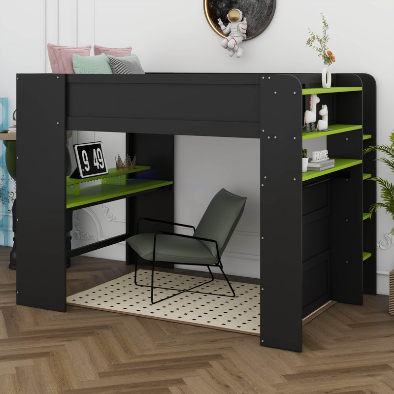 Lit superposé double avec bureau à hauteur réglable, garde-robe et lumière RVB, lit superposé en bois pour les jeux, Vert