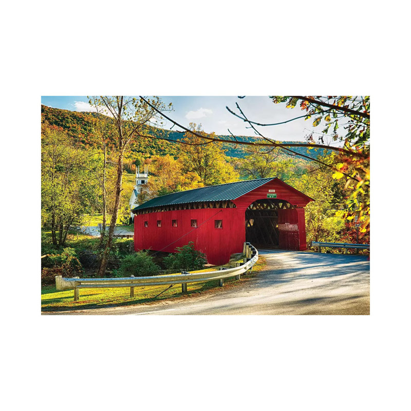Red Covered Bridge And A Curch, Vermont by George Oze - Wrapped Canvas Print, 66.04 cm H x 45.72 cm W x 1.91 cm D