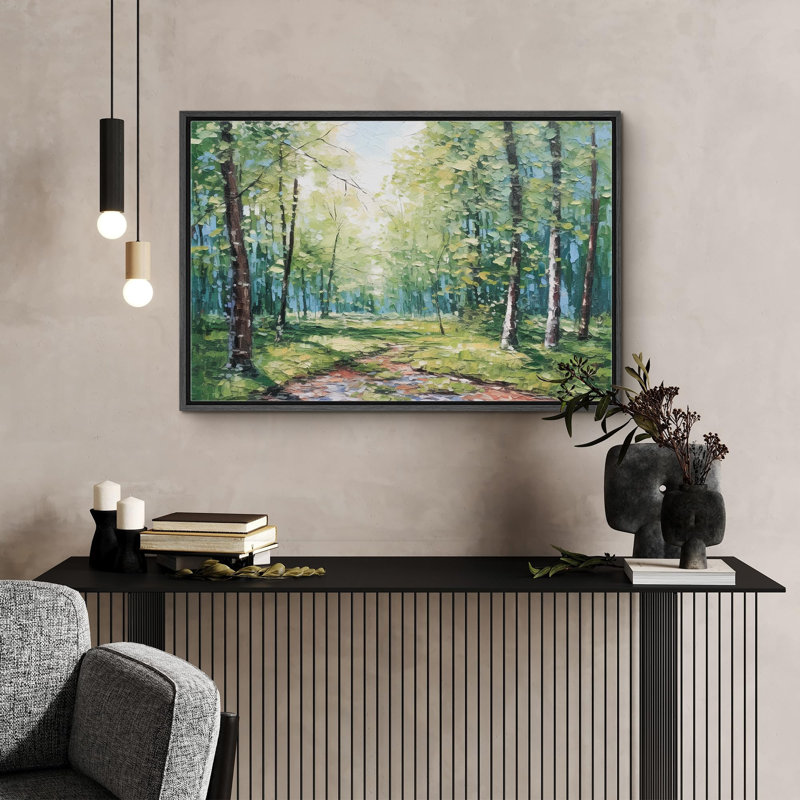 «Sunlight Sunshine Summer Forest Trees» sur, H 16 po x l 24 po, Cadre flottant noir