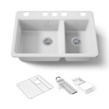 Riverby® 33" x 22" x 9.625" Under-Mount Double-Equal Kitchen Sink with Accessories and 5 Oversized Faucet Holes