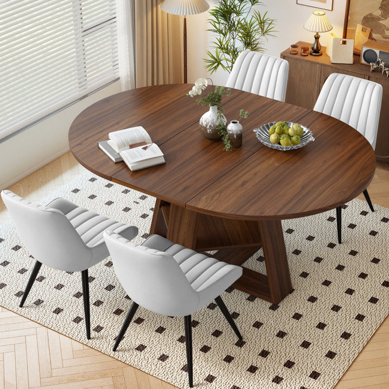 Ensemble de table et chaises de salle à manger extensible ronde à ovale Fecteau, Noyer, White