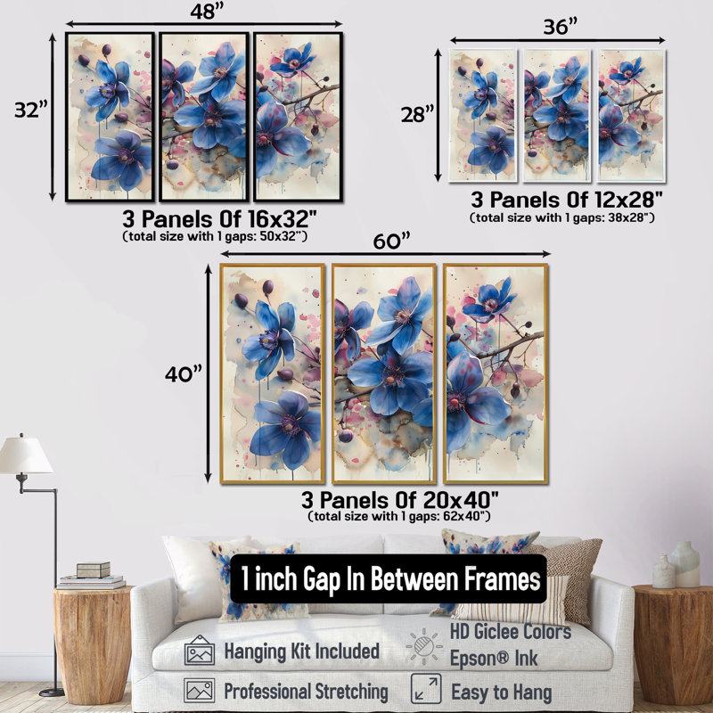 «Blue Cherry Blossom Elegant Blooms», ensemble de reproductions d'art mural cerisier en fleurs, H 32 po x l 16 po x P 1 po