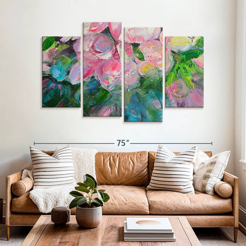 Ensemble de 4 pivoines abstraites sur toile, H 42 po x l 68 po x P 1,25 po