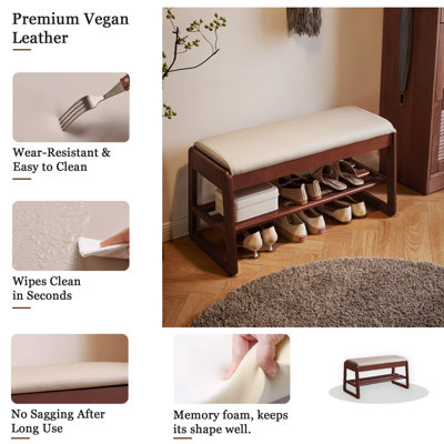 Banc de vestibule 32 pouces à 2 niveaux avec siège rembourré et tablette de rangement
