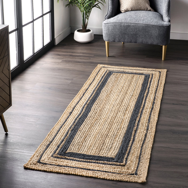 Speight Coastal Braided Power Loom Jute Brown/Navy Bordered Rug, Square 4'