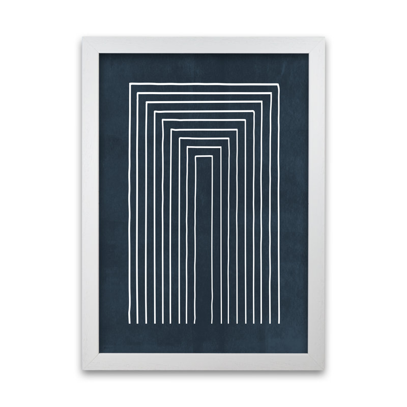 Lino Style Blue Geometric Lines - Print, 59cm H x 42cm W x 3cm D, White Frame