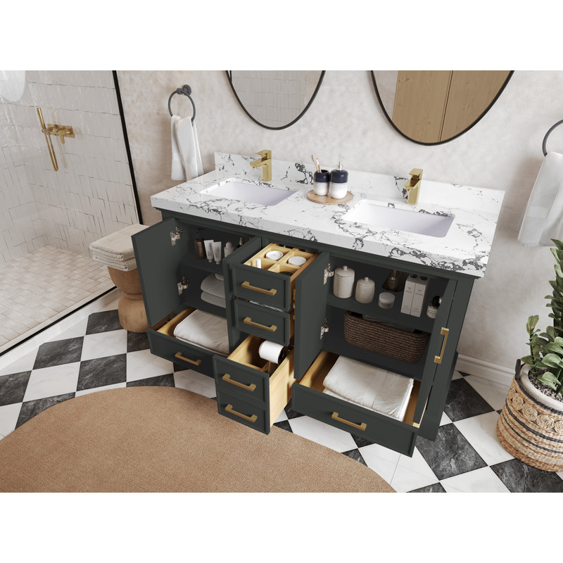 Ensemble de meuble-lavabo double 60 po avec plateau Charlotte, Sienne Calacatta