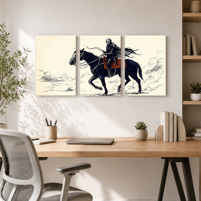 «Skeleton Rider On», cheval noir avec selle rouge, ensemble de 3 toiles, 30"H x 20"W x 3pcs