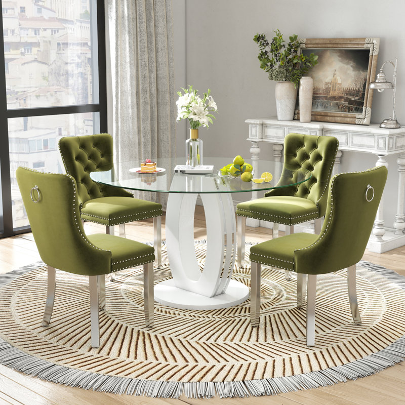 Ensemble de salle à manger 5 pièces, Vert olive, Blanc