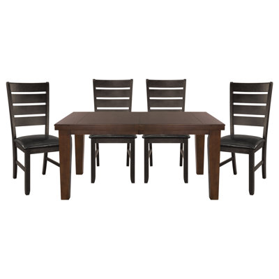 Contemporary Dark Oak Finish Dining 5pc Set Table w Self-Storing Leaf and 4x Side Chairs Solid Clean Lines Design Furniture
