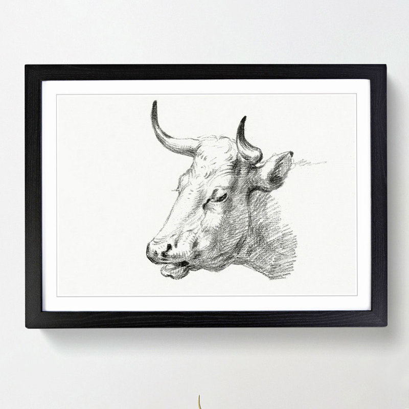 Head of a Cow by Jean Bernard - Picture Frame Drawing Print, 27cm H x 36cm W x 2cm D, Black Framed