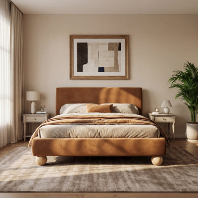 Arlo Modern Glam Upholstered Bed Frame with Thick Curved Headboard and Solid Wood Legs