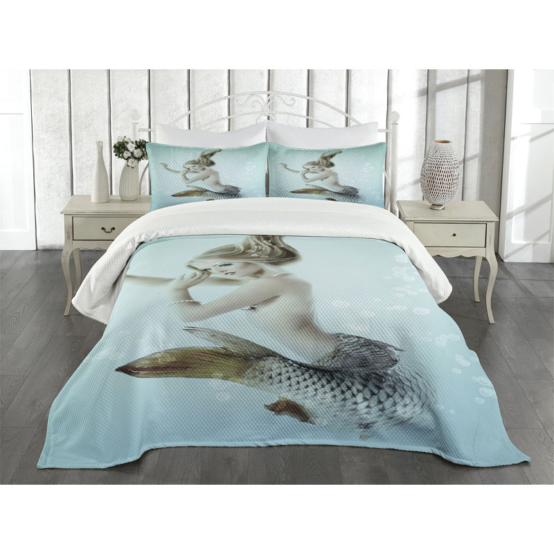 Ambesonne Mermaid Bedspread Mythologic Lady Nautical, King Bedspread + 2 Standard Shams
