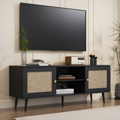 Rattan Tv Stand For 50/55/60 Inch Tv, Boho 53" Entertainment Center With Storage, Modern Mid Century Media Console With Rattan Doors And Adjustable Shelf, Wood Tv Stand For Living Room, Black