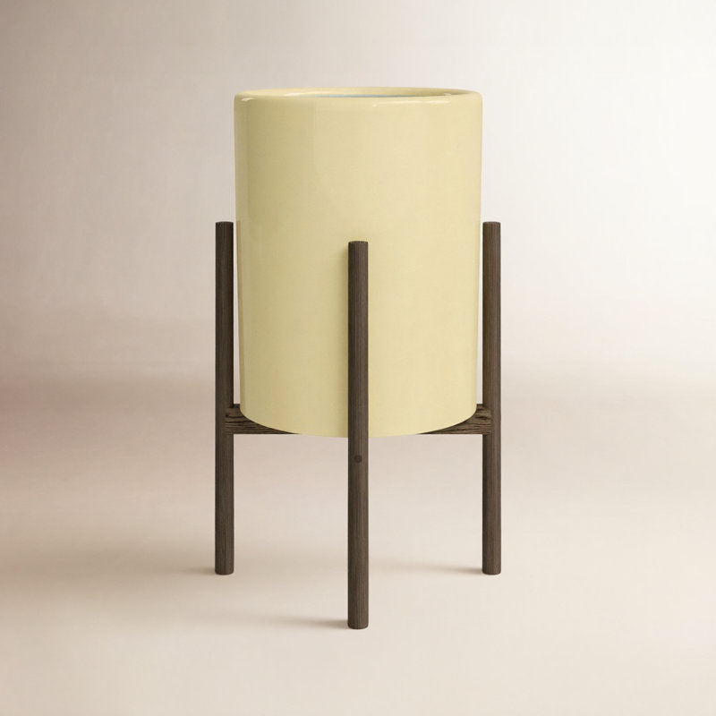  Ceramic/Wood Pot Planter, Crème / noyer foncé