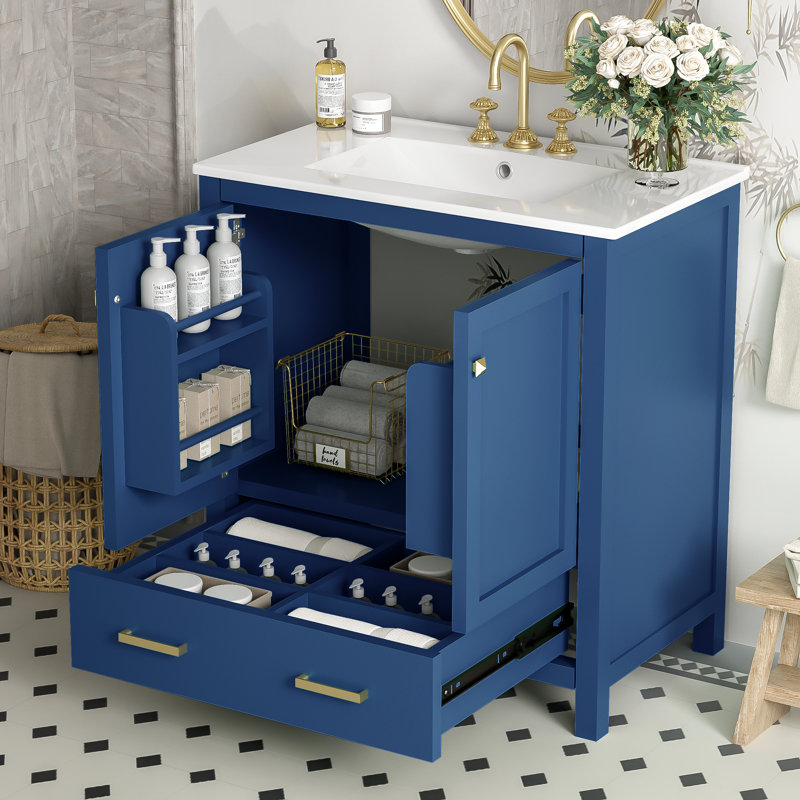 Meuble-lavabo bleu 30 po avec lavabo simple, structure en bois massif et rangement à fermeture en douceur