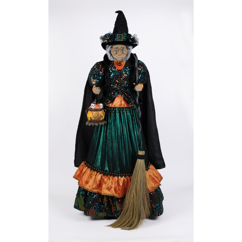 Lighted 13-Inch Resin Witch Figurine with Cauldron